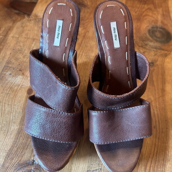 Miu Miu Dark Brown Leather Wedge Sandals - Picture 2 of 5